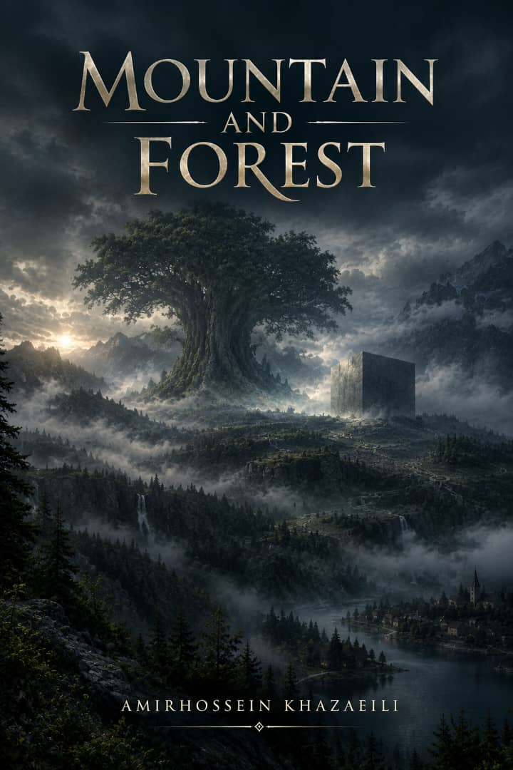 Front cover of Mountain and Forest by Amirhossein Khazaeili, showing a vast tree and a square stone above a misted forest valley