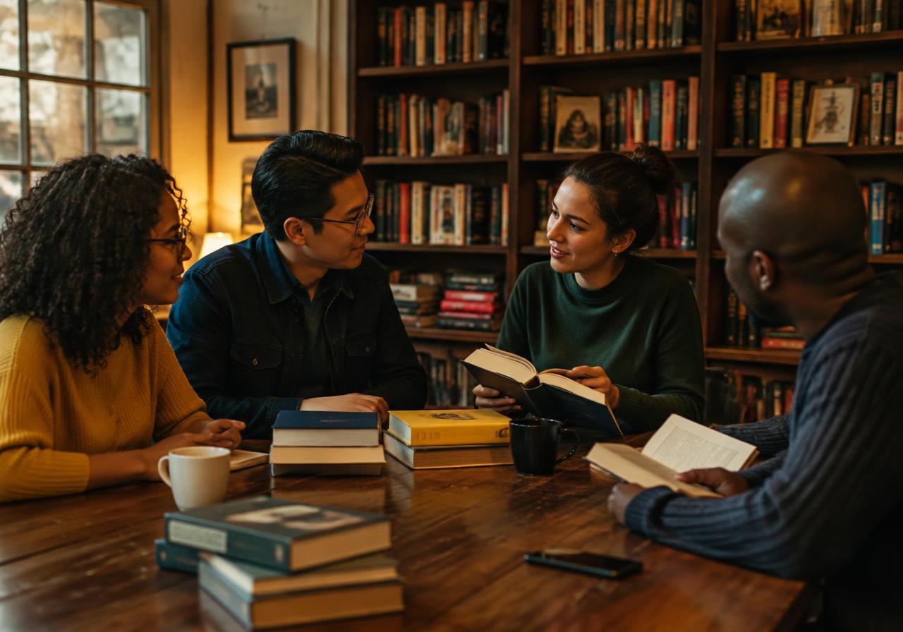 Illustrative image: readers discussing books around a library table