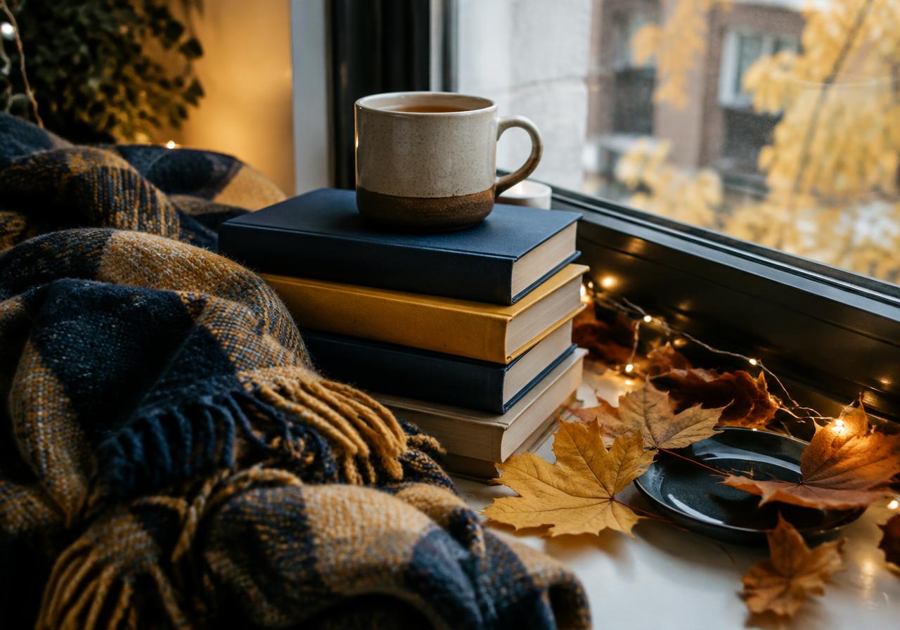 Illustrative image: autumn reading nook with a stack of books and tea