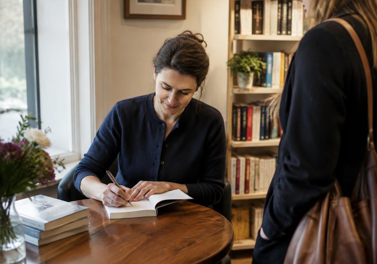 Illustrative image: an author signing a book for a reader in a bookshop