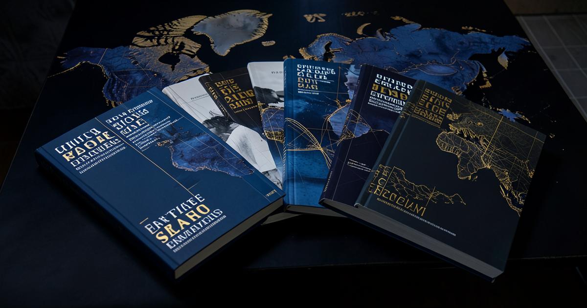 Translated editions fanned out on a dark table beside a world map